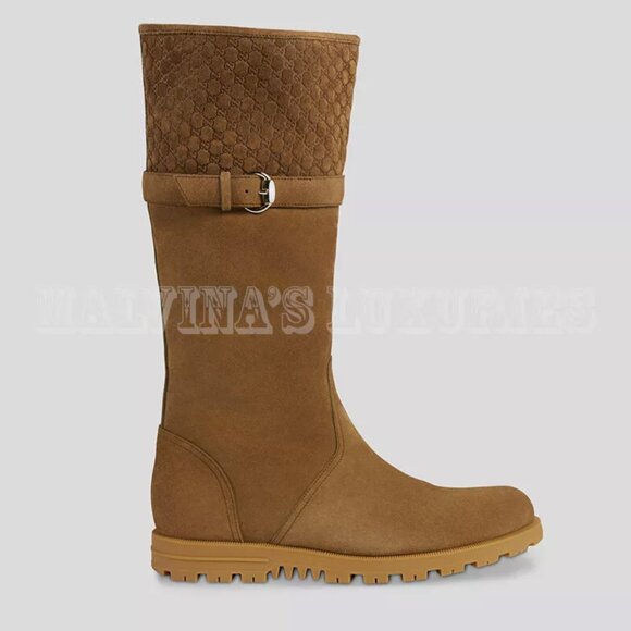 GUCCI BOOTS MAPLE BROWN SUEDE LEATHER MICROGUCCISSIMA OLIVE BUCKLE sz 34G US 4 - Picture 1 of 4